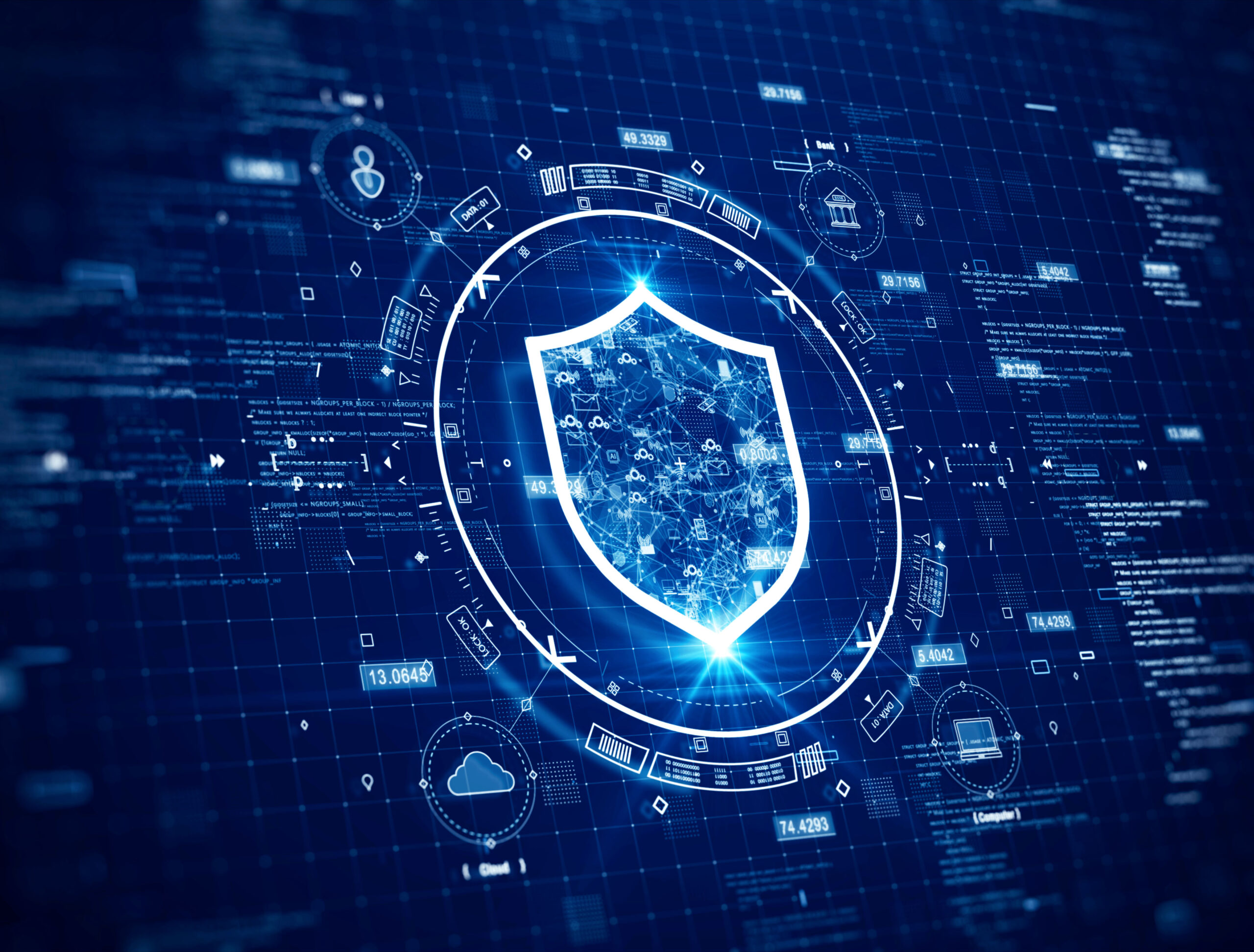 cybersecurity data protection digital technology concept internet network connection. Icons and polygons are connected inside the prominent shield on the right. binary code on dark blue background.